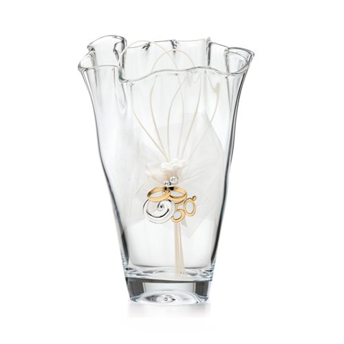 Vaso per nozze d'oro in vetro a fazzoletto decorato da un blasone con il simbolo del 50 anniversario