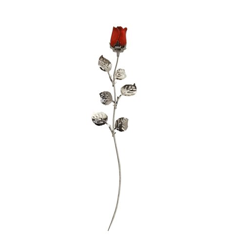 Rosa soprammobile rossa smaltata in metallo argentato con gambo lungo e sei foglie