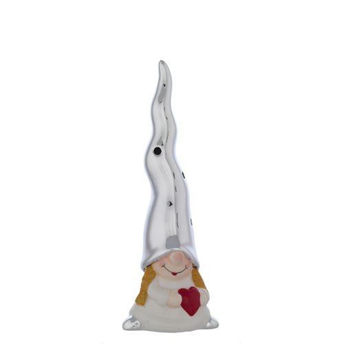 Profumatore per ambiente piccolo in ceramica a forma di folletta bianca con cappello argentato e cuore rosso