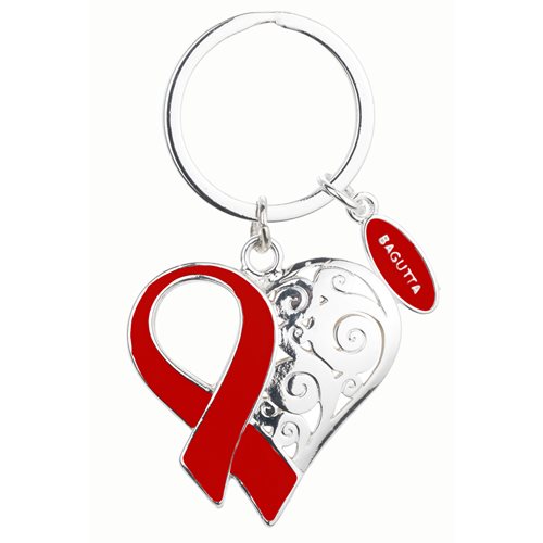 Portachiavi in acciaio a forma di cuore con nastrino rosso 8 cm