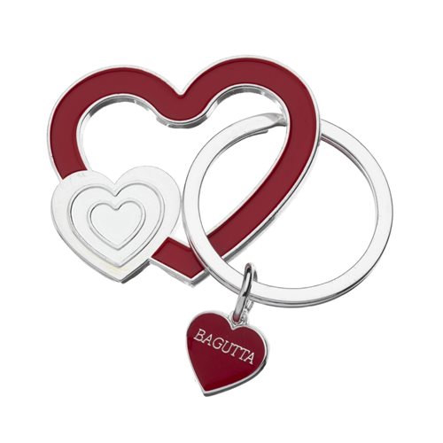 Portachiavi argentato e smaltato in rosso con doppio cuore e anello bris
