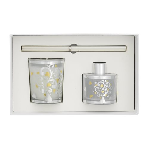 Cofanetto piccolo con profumatore per ambiente da 50 ml e bicchiere portacandela serigrafati con albero della Vita e cuori argentati