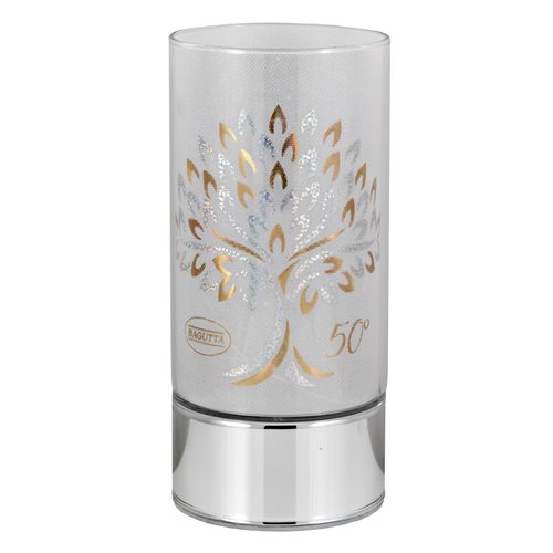 Lampada di ambientazione wireless per nozze d'oro, decorata con albero della Vita e spighe, su base in argento laminato h. 20 cm