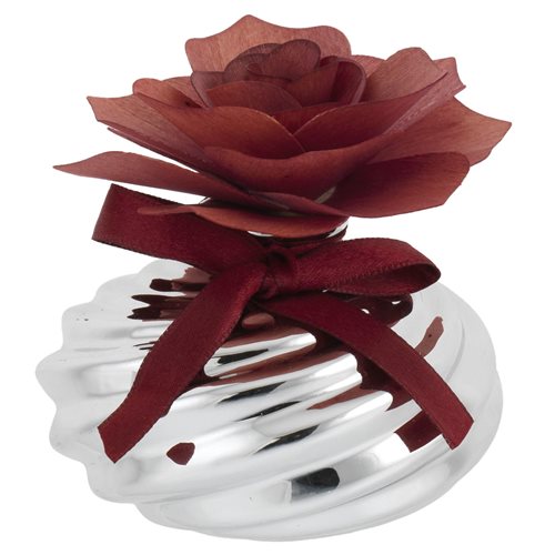 Profumatore per ambiente con vasetto in resina argentata e rosa in legno di colore rosso di altezza 8 cm