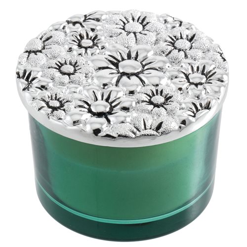 Portacandela tondo in vetro verde con candela bianca profumata e coperchio in resina argentata decorato con margherite h. 5 cm