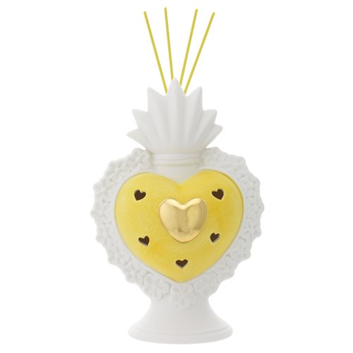 Profumatore per ambiente a forma di cuore sacro in ceramica di colore bianco e giallo con led, h. 23 cm