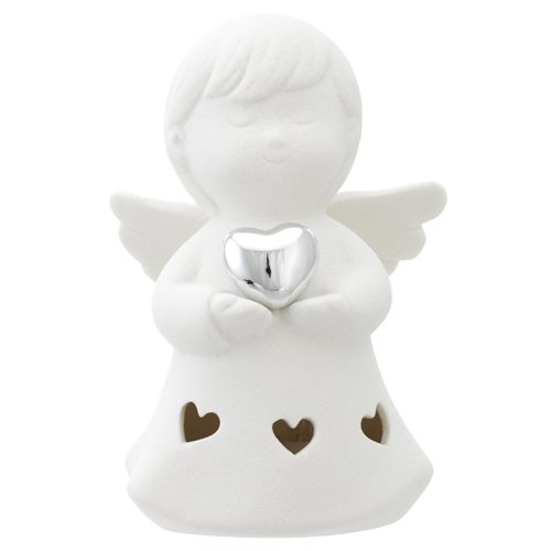 Scultura con angelo in resina bianca con cuore argentato e led di altezza 12 cm
