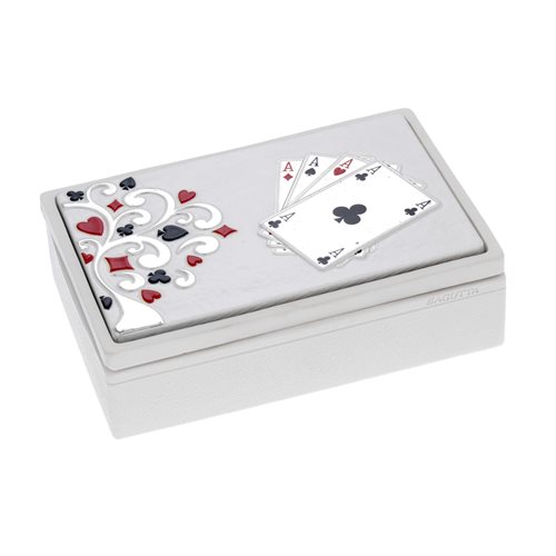Scatola da gioco in resina con coperchio bianco decorato con albero della Vita e due mazzi di carte francesi 