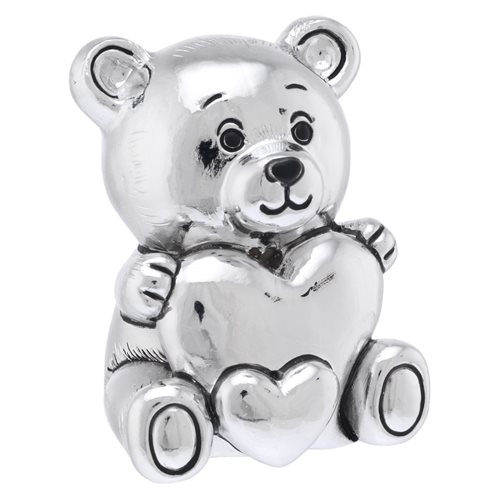 Scultura di orsetto con cuore in resina argentata con confezione da bomboniera
