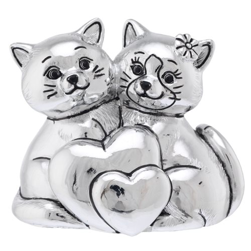 Scultura di coppia di gatti con cuori in resina argentata con confezione da bomboniera