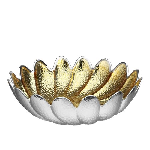 Ciotola centrotavola diam. 23 a forma di fiore in vetro argentato con interno color oro 