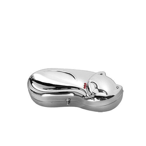 Portarossetto da borsetta con specchietto in argento laminato a forma di gatto