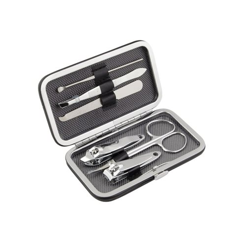 Set manicure da viaggio in metallo lucido e similpelle con accessori per la cura di unghie e cuticole