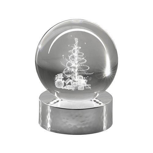 Lampada di ambientazione wireless con sfera in vetro, incisione a laser con albero di Natale e base argentata lucida diam. 8 cm