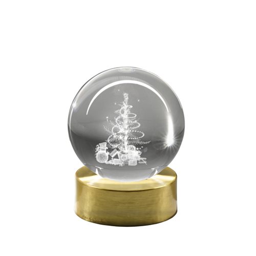 Lampada di ambientazione wireless con sfera in vetro, incisione a laser con albero di Natale e base dorata spazzolata diam. 6 cm