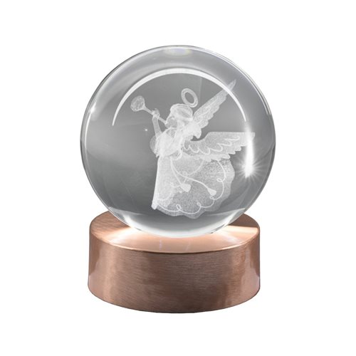 Lampada di ambientazione wireless con sfera in vetro, incisione a laser con angelo araldo e base ramata spatolata diam. 8 cm