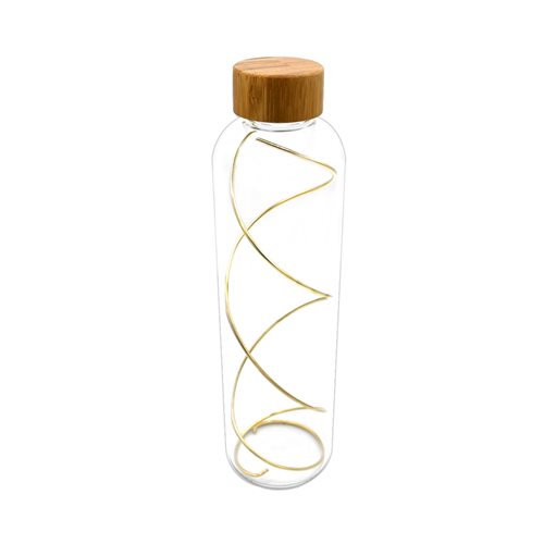 Bottiglia per tavola da 1 lt in vetro borosilicato con tappo in legno e spirale antimicrobica in argento trilaminato con finitura dorata