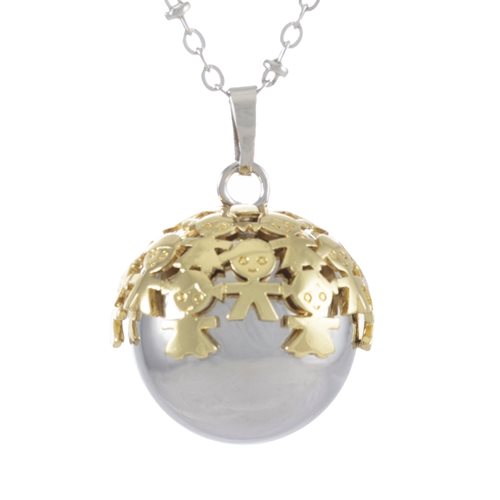 Catena con pendente chiama-angeli in argento laminato decorato con bimbi stilizzati dorati