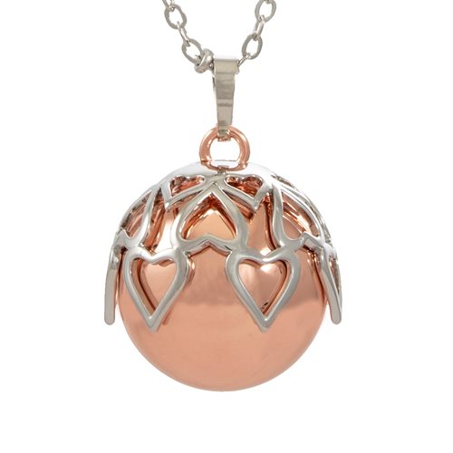 Catena con pendente chiama-angeli in argento laminato con finitura rosata decorato con cuori dorati