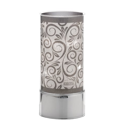Lampada di ambientazione da appoggio in vetro decorato con motivo floreale e base argentata h 20