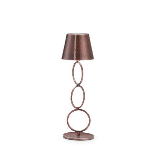 Lampada wireless Mizar Pro a stelo in ottone con finitura ramata anticata , stelo a cerchi, base tonda, illuminazione regolabile e ricarica USB