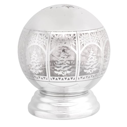 Lampada di ambientazione sferica in vetro satinato con decorazioni natalizie classiche e base argentata