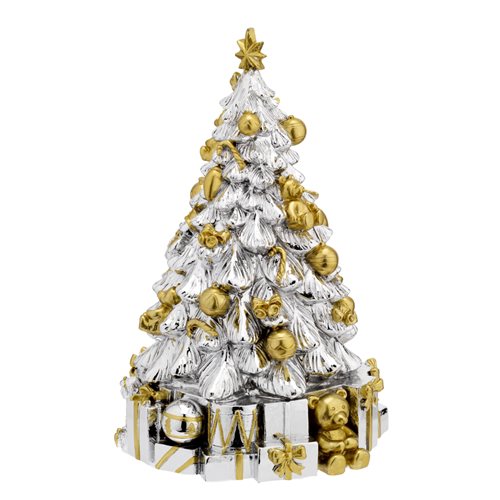 Albero di Natale con carillon in resina argentata con pacchi regalo dorati h. 25 cm