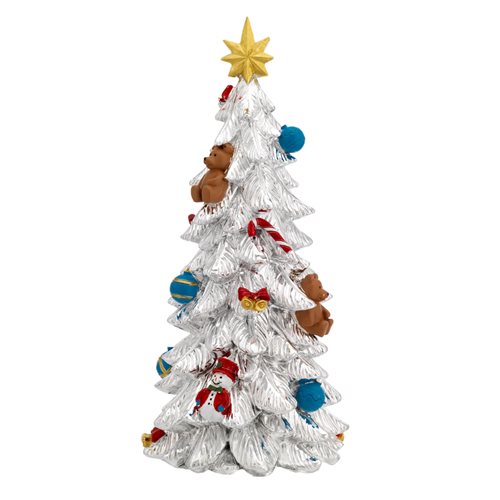 Albero di Natale con carillon in resina argentata con dettagli colorati h. 27 cm