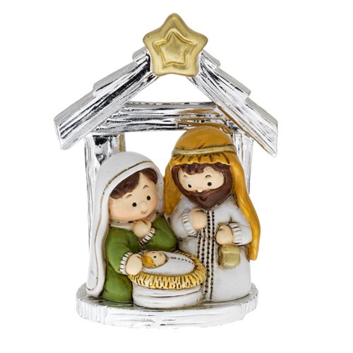 Mini-presepe con capanna in resina argentata e colorata in confezione regalo