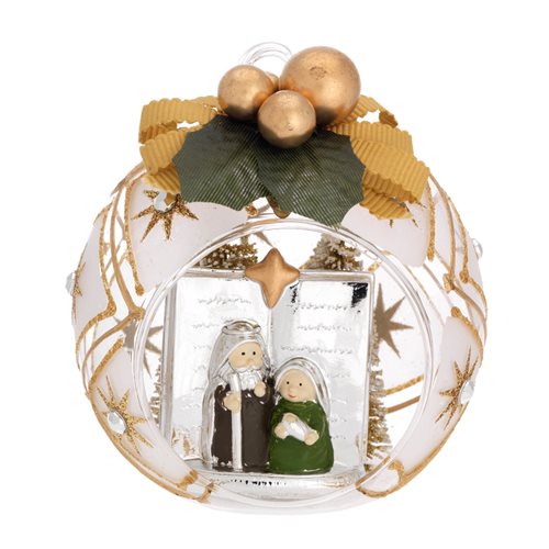 Mini-presepe con stella in resina argentata e colorata in sfera natalizia di vetro decorata con glitter dorato