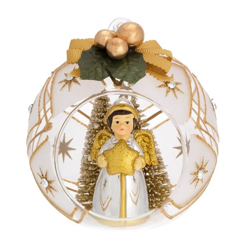 Angioletto con stella in resina argentata e smaltata in oro in sfera natalizia di vetro decorata con glitter dorato e vischio