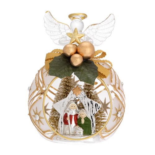 Mini-presepe con stella in resina argentata e colorata in sfera di vetro con angelo e decorazione dorata