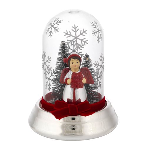 Lampada di ambientazione natalizia in vetro a forma di cupola con angelo con pacchetto regalo, base argentata e led