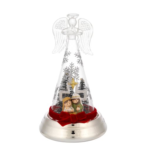 Lampade di ambientazione in vetro a forma di angelo con luci led e scultura di un presepe con croce su base argentata