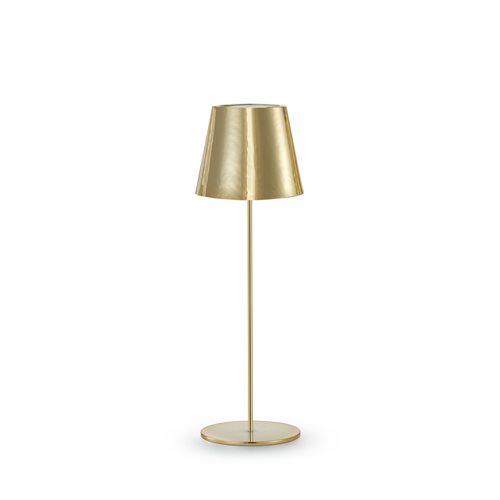 Lampada wireless Polaris in ottone dorato lucido con stelo sottile e dritto, illuminazione regolabile e ricarica USB