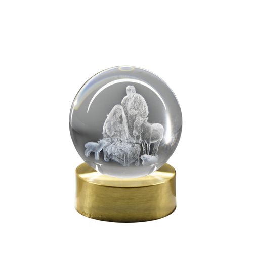 Lampada di ambientazione wireless con sfera in vetro, incisione a laser con la scena della Nativit e base dorata spazzolata diam. 6 cm