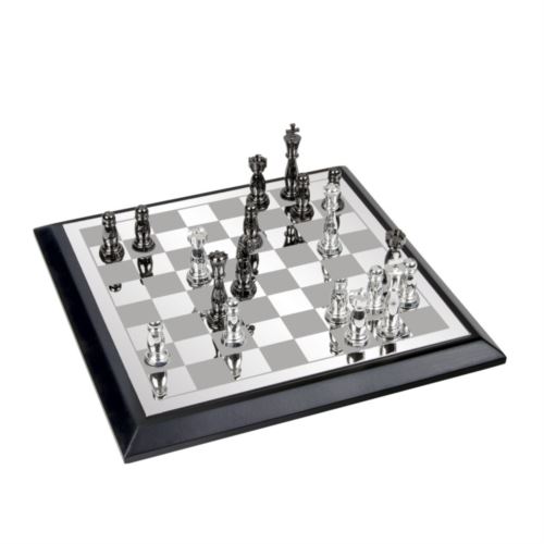 Scatola per gioco degli scacchi in legno con scacchiera e pezzi classici in acciaio silverplated lucido
