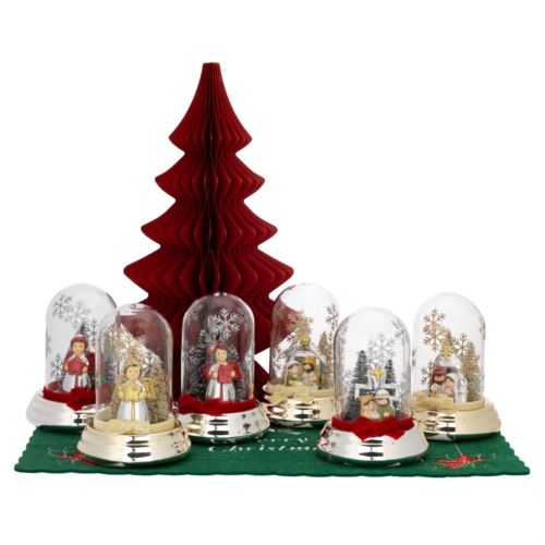 Expokit composto da 8 lampade di ambientazione natalizie con led a forma di cupola in vetro con sculture di Nativit� e angeli e base argentata o dorata
