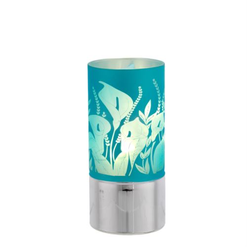 Lampada di ambientazione piccola a led in vetro con calle azzurre e base in argento laminato per bomboniera