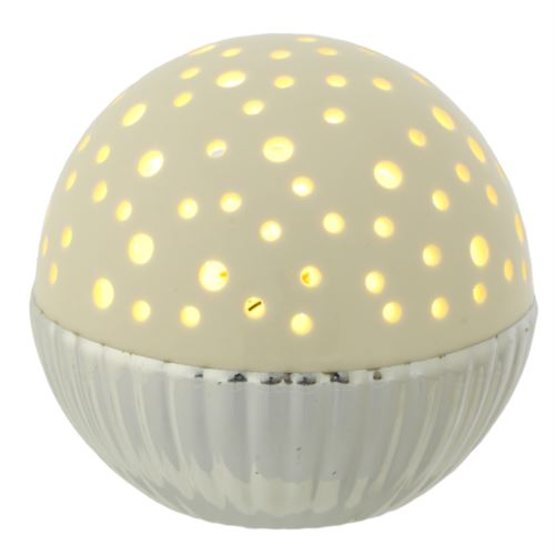 Lampada di ambientazione sferica diam. 12,5 cm in ceramica avorio e argentata con luce led bianca