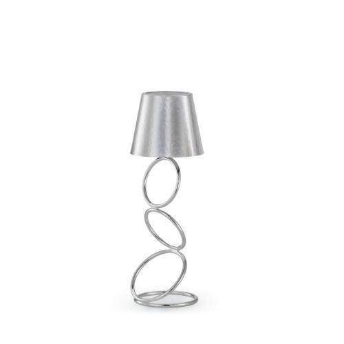 Lampada wireless Nembus in ottone argentato spazzolato con stelo composto da quattro cerchi saldati, illuminazione regolabile e ricarica USB