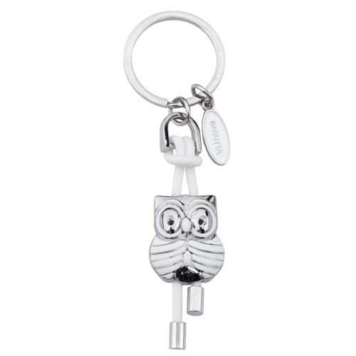 Portachiavi ad anello in metallo con gufetto portafortuna in resina di colore bianco