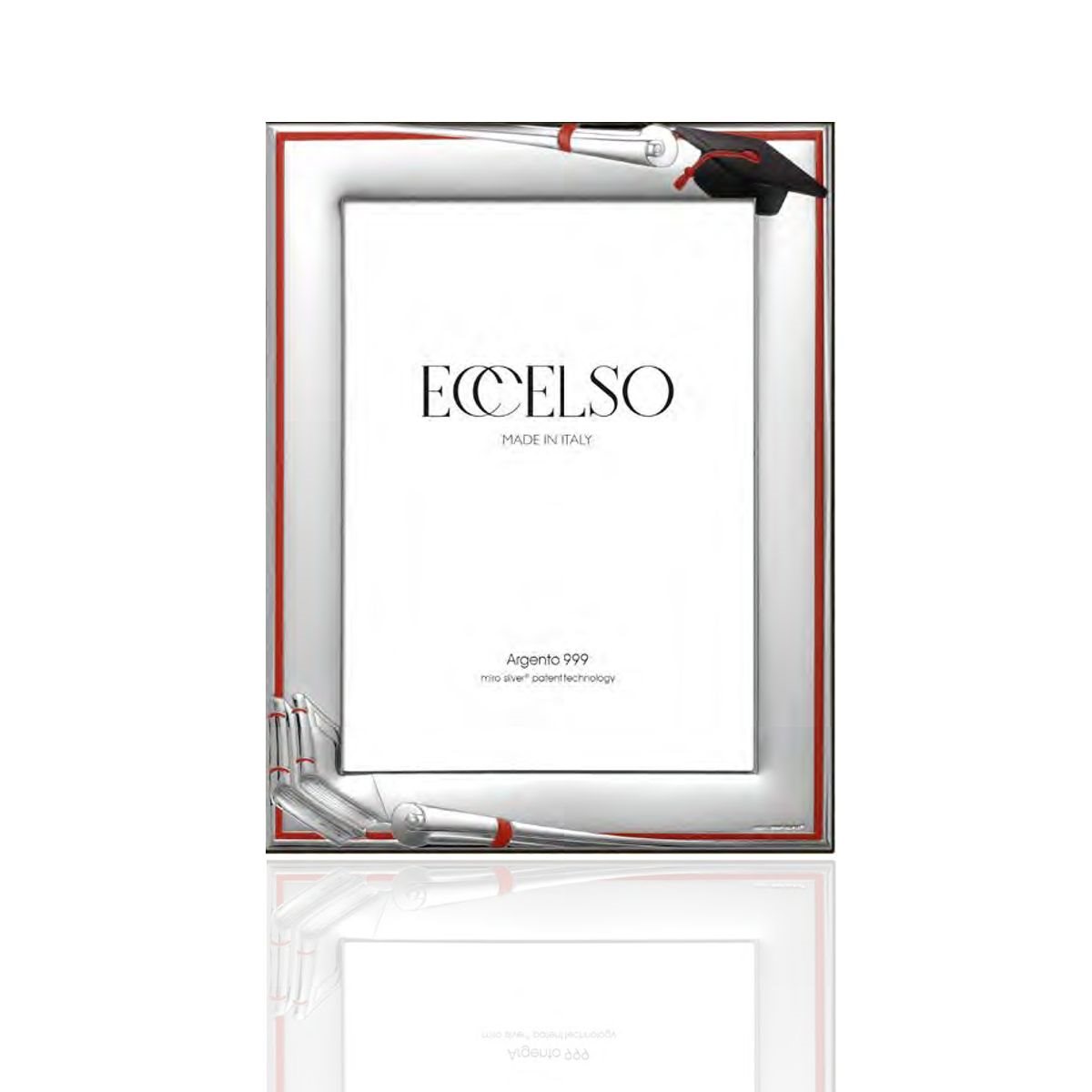 Cornice laurea 13x18 in argento laminato con motivo a pergamena, tocco e libri