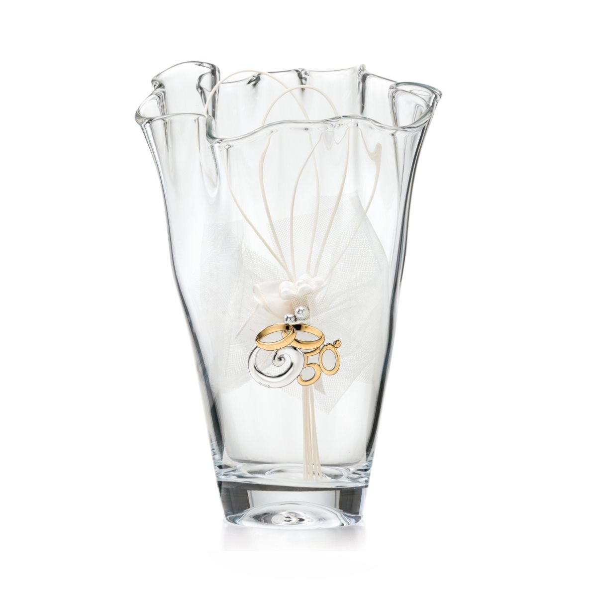 Vaso per nozze d'oro in vetro a fazzoletto decorato da un blasone con il simbolo del 50 anniversario