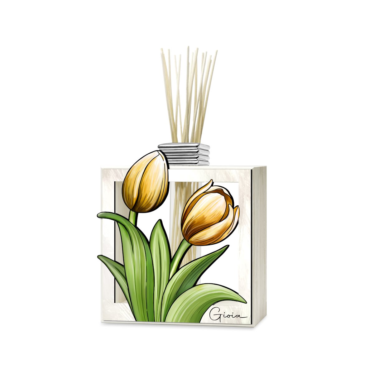 Profumatore per ambiente/vaso monofiore in legno con tulipani gialli linea i valentini