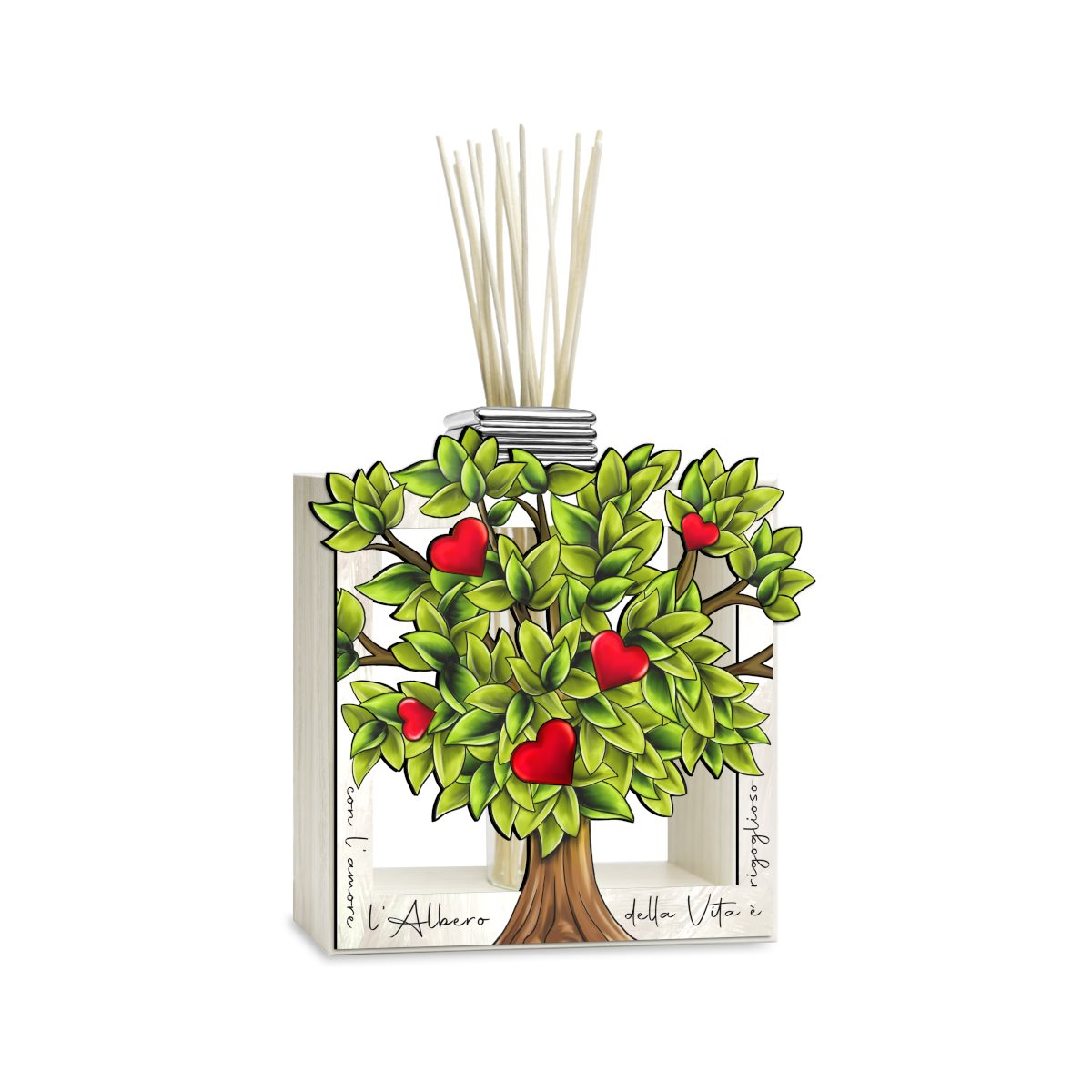 Profumatore per ambiente/vaso monofiore in legno con albero della vita e cuori linea i valentini