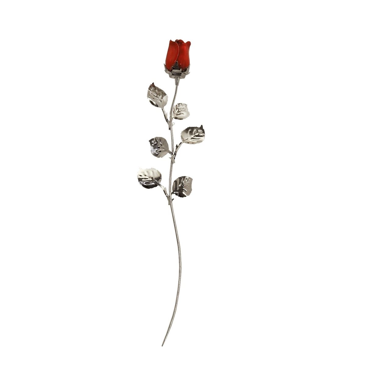Rosa soprammobile rossa smaltata in metallo argentato con gambo lungo e sei foglie