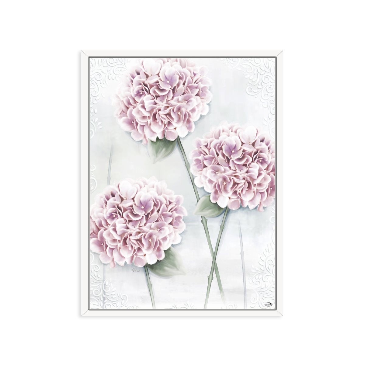 Quadro moderno con ortensie rosa su pannello verticale di legno dipinto di misura 59 cm x 44 cm