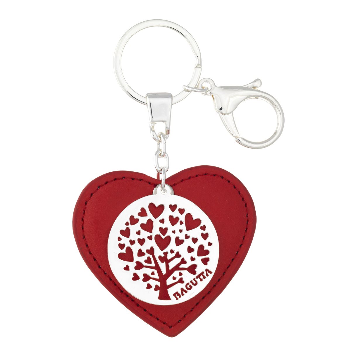 Portachiavi albero della vita con cuori in metallo argentato ed ecopelle rossa