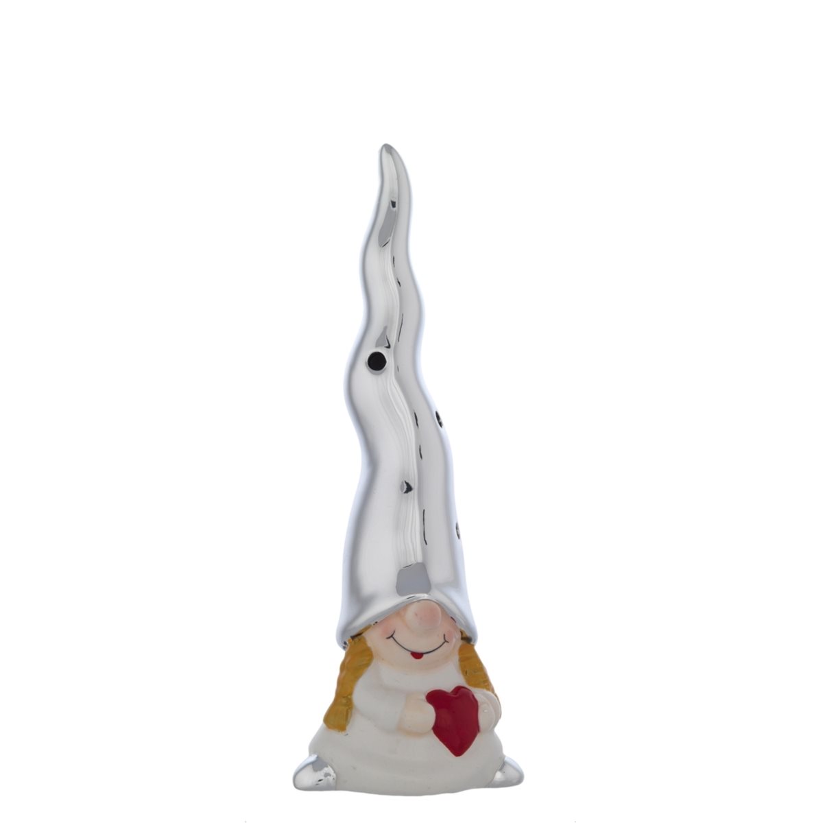 Profumatore per ambiente piccolo in ceramica a forma di folletta bianca con cappello argentato e cuore rosso